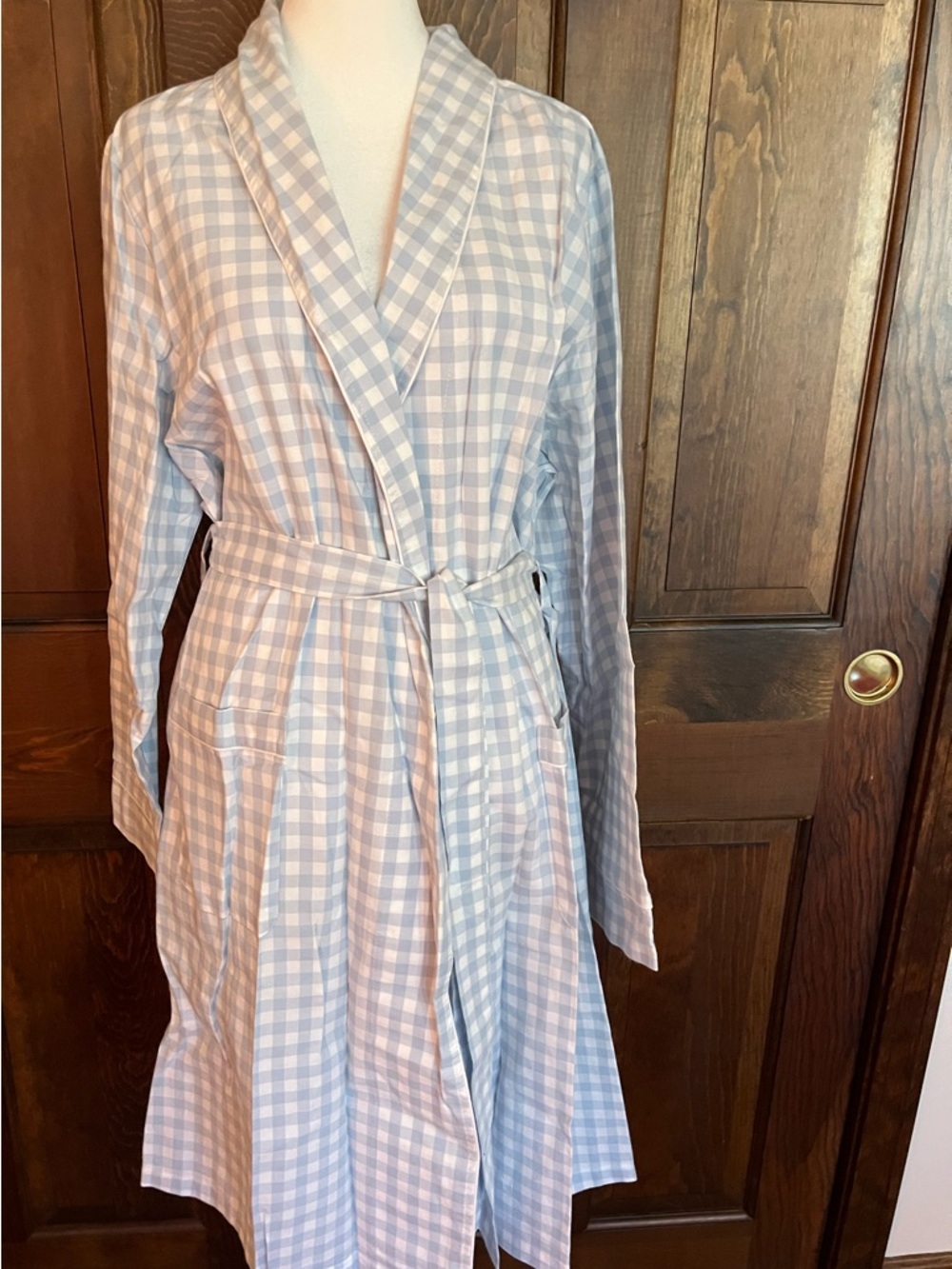 Light Blue Gingham Shawl-Collar Robe with Self-Tie Belt